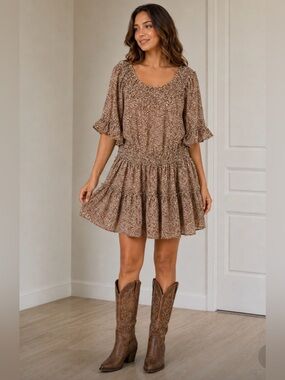 Anthropologie Dress Forum‎ Women's Brown Beige Printed Tiered Short Dress large